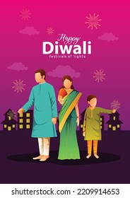 Vector Illustration Of Hindu Family Celebrating On Happy Diwali Indian Holiday Background.