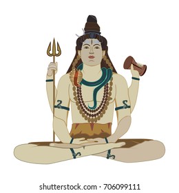 Vector illustration of Hindu God Shiva, Deity of Hinduism, in lotus position. Flat style design.