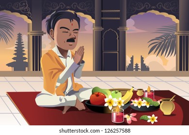 A Vector Illustration Of Hindu Man Praying In A Temple