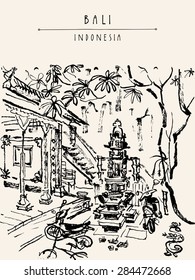 Vector illustration of Hindu shrine in Bali, Indonesia. Grungy freehand drawing. Postcard greeting card graphic design template. Hand drawn background with copy space for text. Hand lettering title