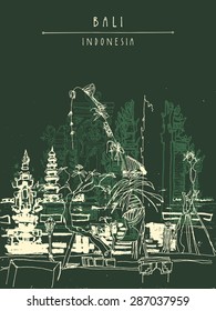 Vector illustration of Hindu temple in Ubud, Bali, Indonesia. Grungy freehand drawing. Postcard greeting card graphic design template. Hand drawn background with hand lettered title