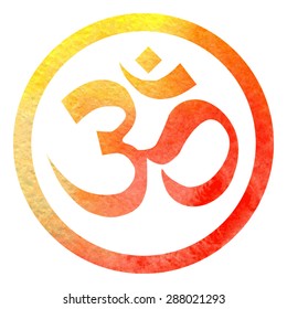 Vector illustration of hinduism symbol Om in bright orange watercolor circle frame with white background.