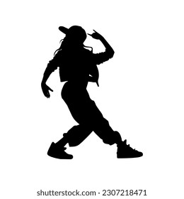 Ilustración vectorial. Silueta de bailarina de hip hop. Chica en movimiento.