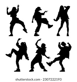 Vector illustration. Hip hop dancer silhouette. Girl on the move. Big set of poses.