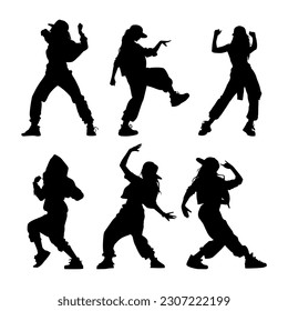 Vector illustration. Hip hop dancer silhouette. Girl on the move. Big set of poses.