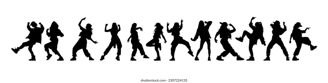 Vector illustration. Hip hop dancer silhouette. Girl on the move. Big set of poses.