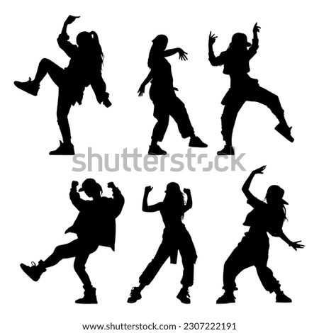 Vector illustration. Hip hop dancer silhouette. Girl on the move. Big set of poses.