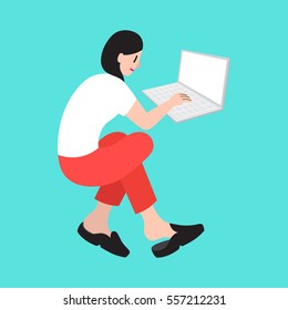 A vector illustration of a hip young female freelancer working on a laptop from a sideview with her legs crossing.