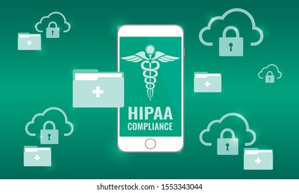 Vector Illustration Of Hipaa Compliance. Cloud Security For Protected Health Information (PHI) Concept. Secure Patient Information. 