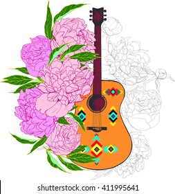 Vector illustration of hippie acoustic guitar and peony flowers. Decorated wit aztec geometry. Hand drawn music instrument. Isolated on white background. 