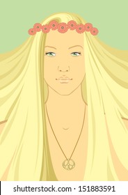 Vector illustration of a Hippie Girl with a wreath of flowers
