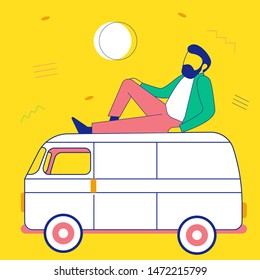 Vector illustration of a hippie man with a van. The guy is resting on top of his minibus. Life style. Stylish illustration in flat style for web, banner, advertisement. Place for text, logo.