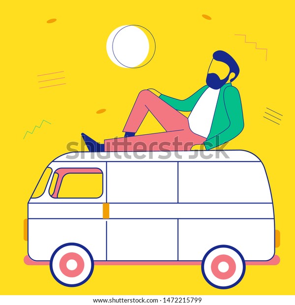 Vector\
illustration of a hippie man with a van. The guy is resting on top\
of his minibus. Life style. Stylish illustration in flat style for\
web, banner, advertisement. Place for text,\
logo.