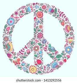 Vector Illustration of a Hippie Sign Also Known As CND Anti War Logo Сomposed of Flowers. 