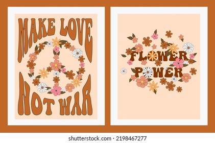 Vector illustration in hippie style - make love not war and flower power slogan print for posters, social media post and stories, greeting cards and home decor