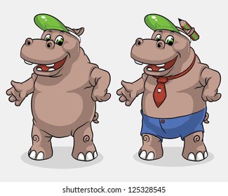 Vector illustration of Hippo accountant in two variations.