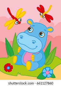 Vector illustration of hippo with a dragonfly in the savanna