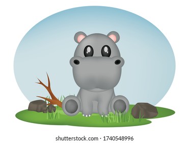 Ilustración vectorial de un hipopótamo en el bosque aislado sobre fondo blanco