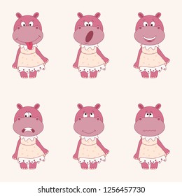 vector illustration hippo set different emotions, cheerful, sad, angry, angry, scared