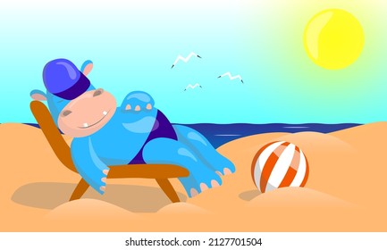 vector illustration of a hippo in swimming trunks and a cap lying on a chaise longue and sleeping