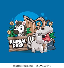 Ilustração vetorial de hipopótamo e zebra com ilustração de vetor de zoológico bonito disponível para o design de camiseta