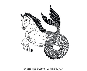 Vector illustration of the Hippocampus. Sea Horse; half horse; half fish. Fairytale animal. Mythical creature. Ancient Greek characters. Fish with the body of a horse. Horse with a fish tail. Graphic 