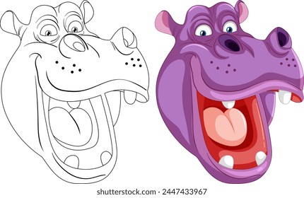 Vector illustration of a hippopotamus, colored and outlined