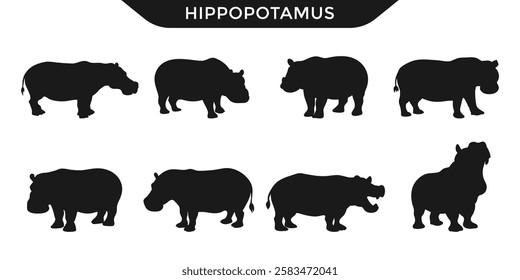 Vector illustration of hippopotamus silhouettes in various poses