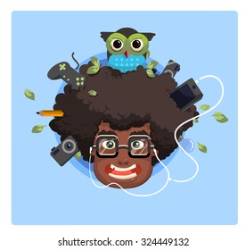 Vector Illustration Hipster With Afro Head. He Have A Camera, Joystick, Phone And Owl In The Haircut