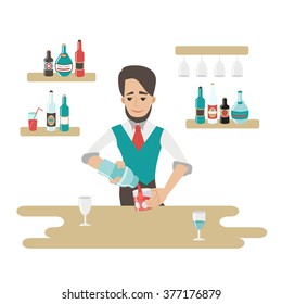 Vector illustration of hipster bartender pouring alcohol drink in the glass. Cartoon character. Barman mixes a cocktail in the bar with alcoholic beverages. 