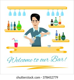 Vector illustration of hipster bartender pouring alcohol drink in the glass. Cartoon character. Barman mixes a cocktail in the bar with alcoholic beverages. 