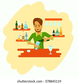 Vector illustration of hipster bartender pouring alcohol drink in the glass. Cartoon character. Barman mixes a cocktail in the bar with alcoholic beverages. 