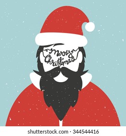 Vector illustration with hipster bearded Santa. WInter holidays greeting card design with lettering wishes Merry Christmas. Trendy print design