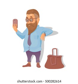 Vector illustration. Hipster boy with a smartphone, tote bag 