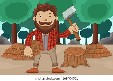 A vector illustration of hipster chopping wood