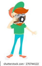 Vector illustration Hipster funny bearded man with camera. Flat style