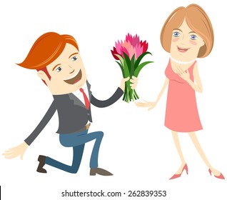 Vector illustration Hipster funny man kneeling giving flowers to the smiling woman. Flat style