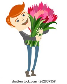 Vector illustration Hipster funny man holding holding flowers. International Woman Day March 8, Happy Valentine's Day and Happy Birthday. Flat style