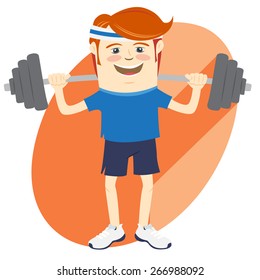 Vector illustration Hipster funny man lifting barbell. Flat style