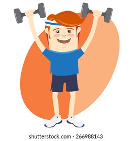 Vector illustration Hipster funny man lifting dumbbells. Flat style
