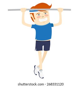 Vector illustration Hipster funny man pulling up on horizontal bar. Flat style