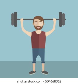 Vector illustration Hipster funny man lifting barbell with fitness attire inside the gym Flat style
