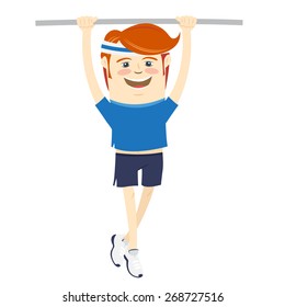 Vector illustration Hipster funny sportsman hanging on horizontal bar. Flat style