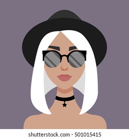 Vector illustration with hipster girl, geek glasses, hat in flat style. Website avatar or fashion blogger symbol.