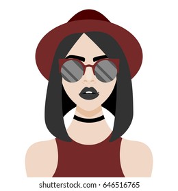 Vector illustration with hipster girl, geek glasses, hat in flat style.