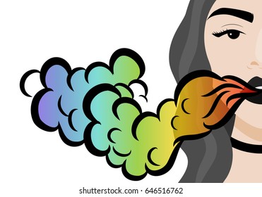 Vector illustration with hipster girl, rainbow smoke in flat style.