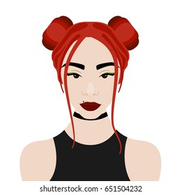 Vector illustration with hipster girl with two buns in flat style. Website avatar or fashion girl symbol.