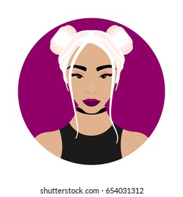 Vector illustration with hipster girl with two buns in flat style. Website avatar or fashion girl symbol.