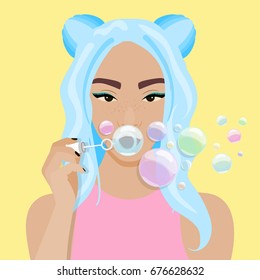 Vector illustration with hipster girl with two buns and bubble, blower in flat style. Website avatar or fashion girl symbol.