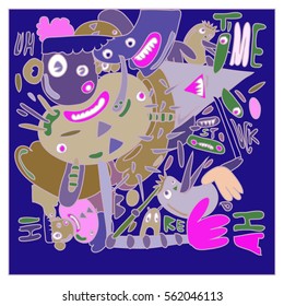 Vector illustration Hipster Hand drawn Crazy doodle cute Monster with drawing style. Vector illustration for poster, fabric printed, or wallpaper design.